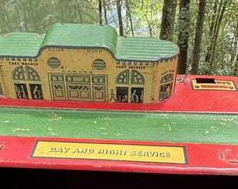 Estación de servicio Blue Bird, rara, de hojalata litografiada Marx vintage