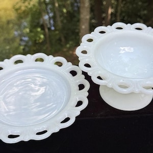 Anchor Hocking LACE EDGE Old Colony White Milk Glass Compote & Under plate