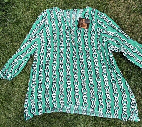 IMAN Global Chic Tunic Top Womens 3X Green Chain Printed Silky NWT
