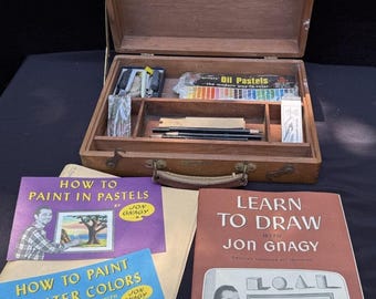 Vtg 1950’s Learn To Draw Art Set Vintage Jon Gnagy In Grumbacher Wood Case Nice!