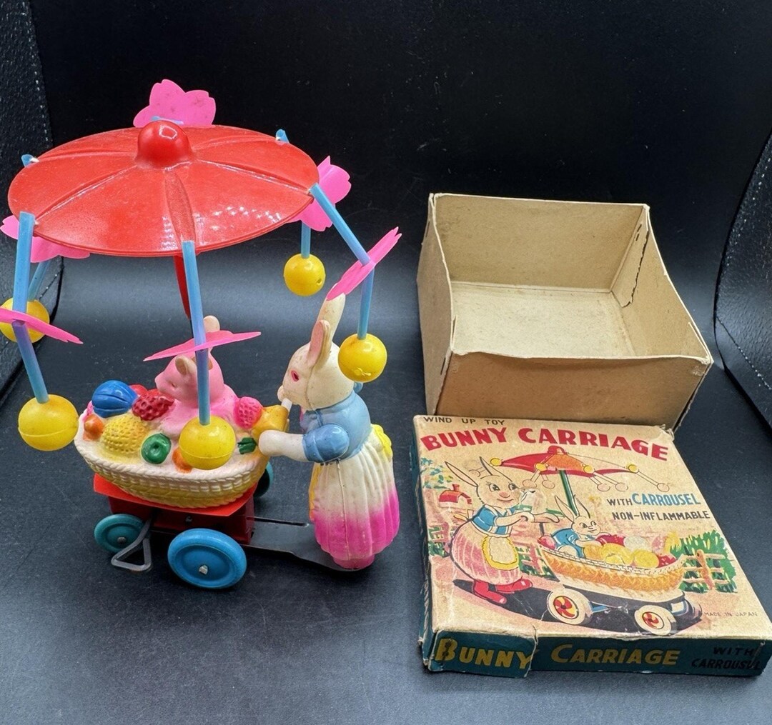 Rare Vintage Wind-up Bunny Carriage Tin & Celluloid Toy Made in Japan ...