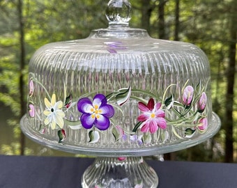 Stunning Clear Glass Covered Pedestal Cake Hand-Painted Butterflies Flowers’s