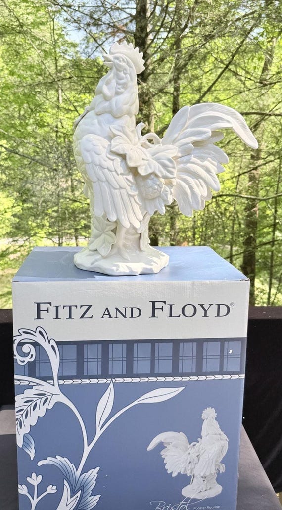Huge FITZ AND FLOYD Bristal Solid White Rooster 20” Tall Original Box Packing