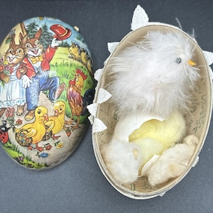 Contenedor de dulces con forma de huevo de Pascua de conejo de 5&quot; de papel maché alemán antiguo con pollitos 5Q
