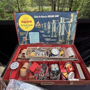 Rare 1949 #12 1/2 AC Gilbert Erector Set 2 Level Metal Case Loaded With Tools!