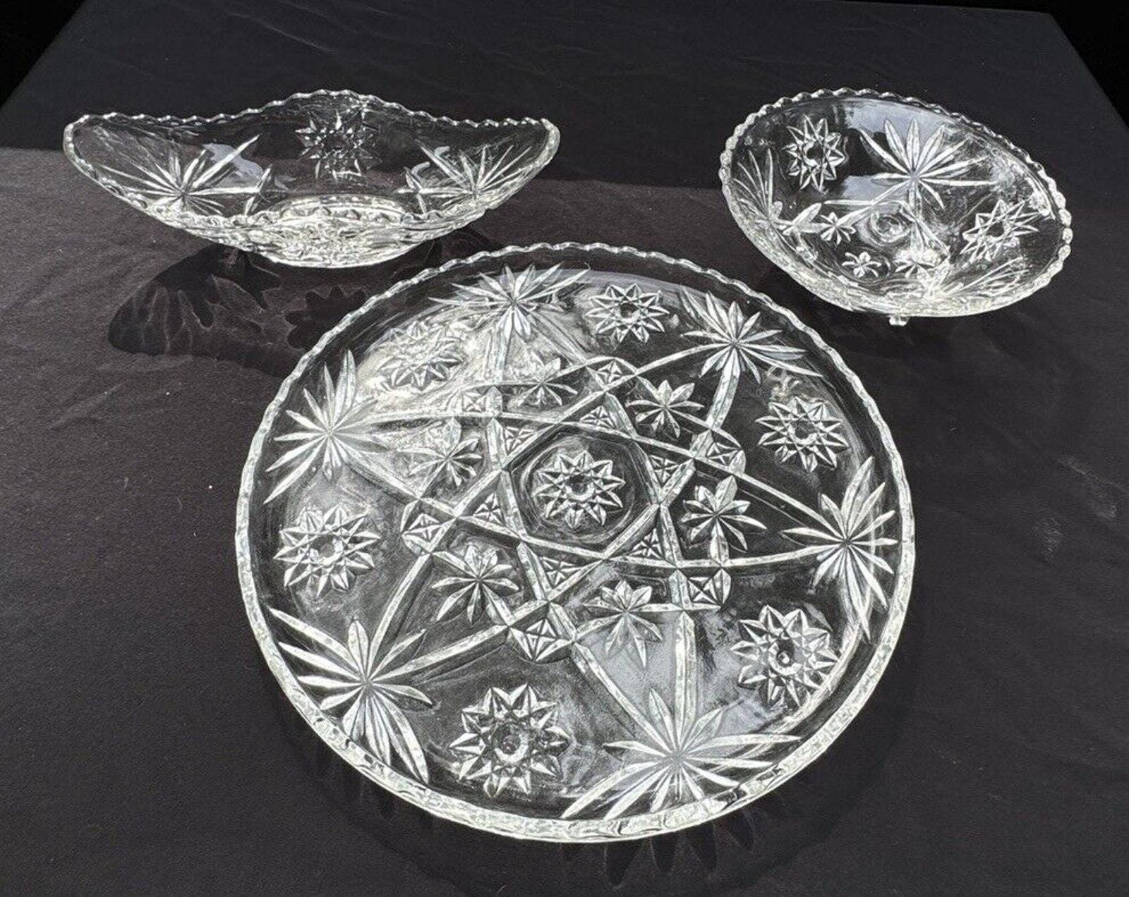 3 Vintage Anchor Hocking EAPG Star of David Clear Glass Serving Pieces Nice!