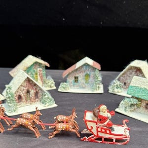 Vtg Christmas Village Mica Putz Paper Cardboard Houses Japan & Santa Japan -S1