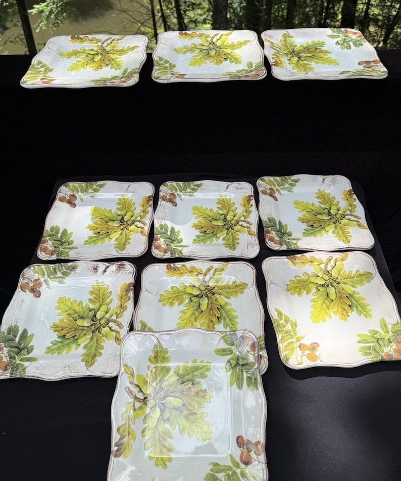 10 Sur La Table Acorn & Fig 9.5" Salad Plates made in Italy Fall Theme Mint! image 1