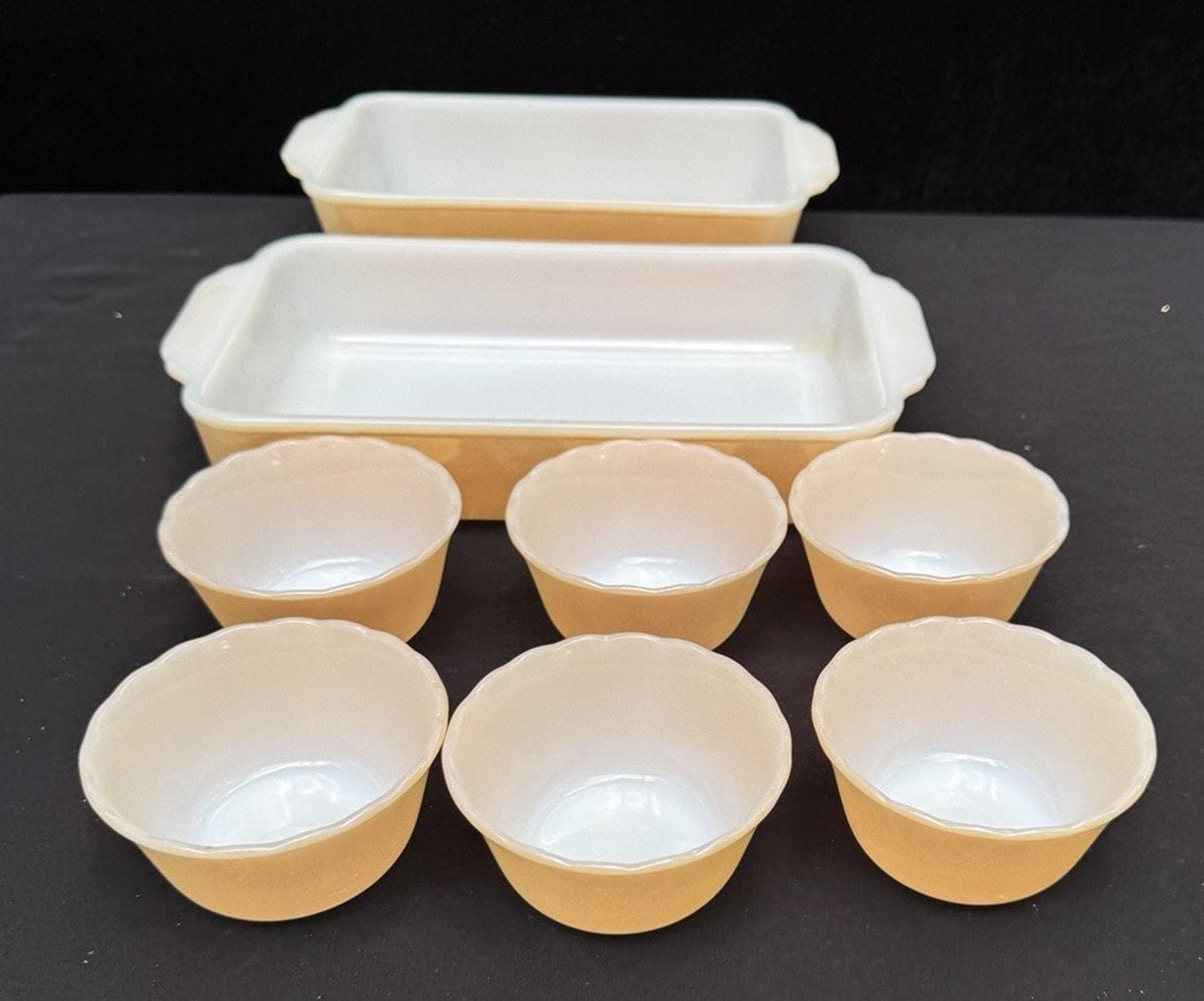 6 ciotole per dessert smerlate Fire King Peach con condimento e 2 teglie da forno - OS5