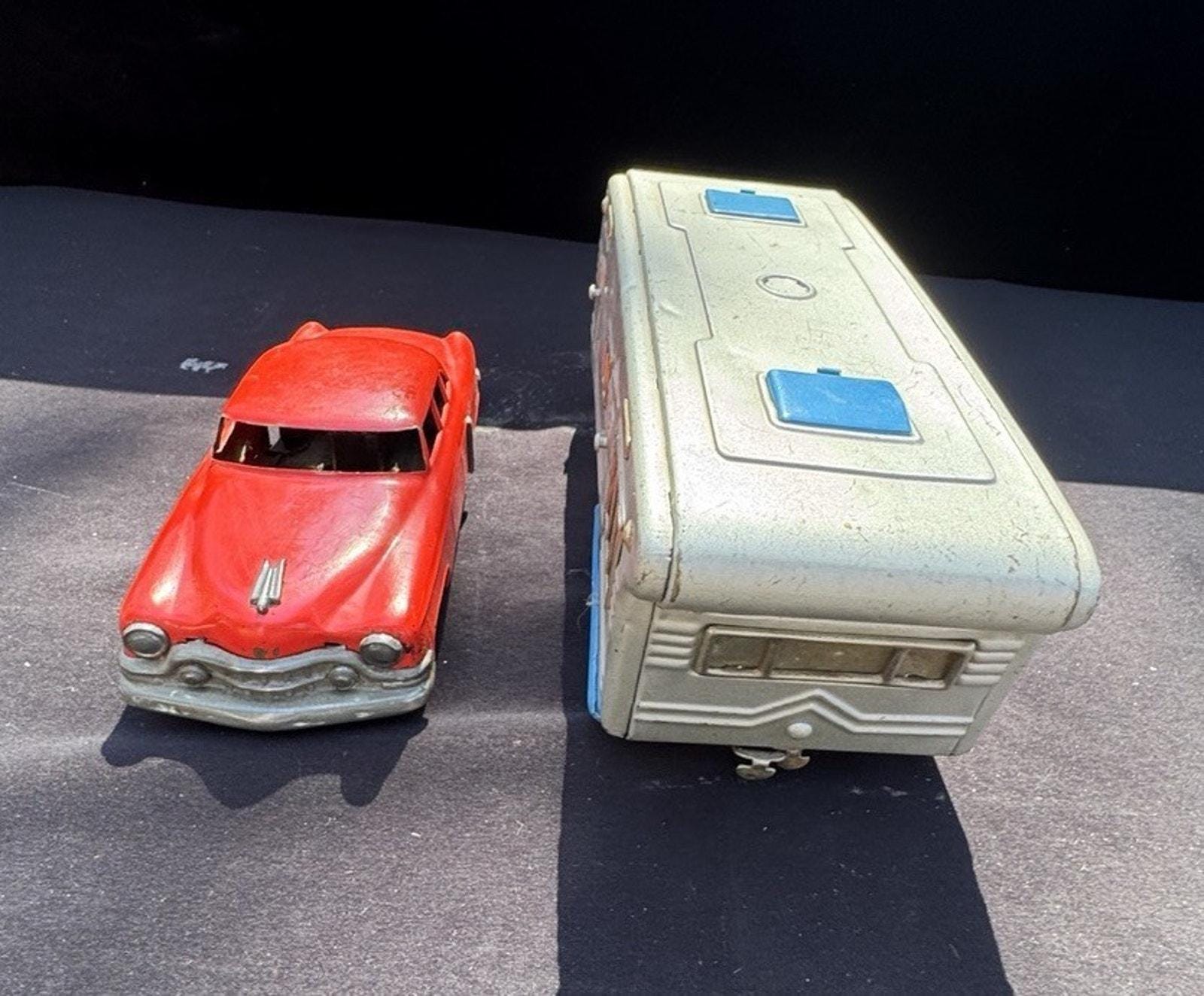 Rare Vintage Japan SSS Tin Friction Red Sedan W/ Camper Travel