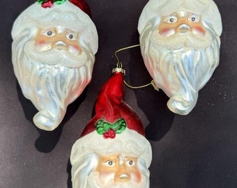 3 Vintage Dept 56 Hand Blown Glass Santa Head Red Hat Christmas Ornament -LO10
