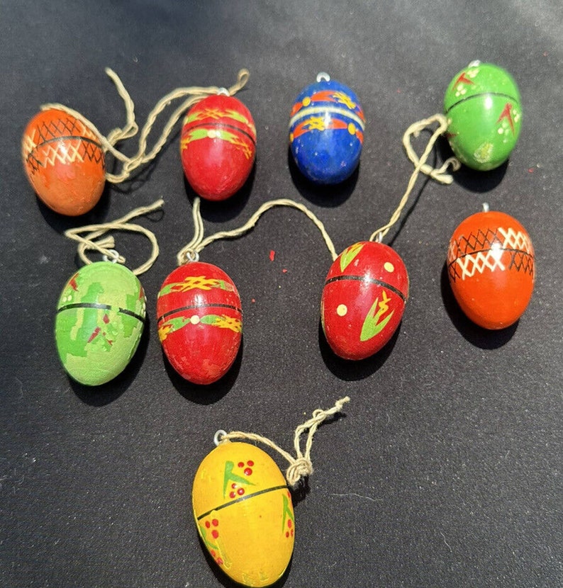 9 Vintage Germany Easter Egg Wooden Hand Painted Vintage Ornaments 5Y image 1