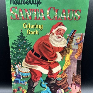 May include: A vintage coloring book featuring Santa Claus delivering presents. The cover depicts Santa in a red suit with a white beard, holding a sack of gifts and a toy drum. The book is titled "Newberrys Santa Claus Coloring Book".