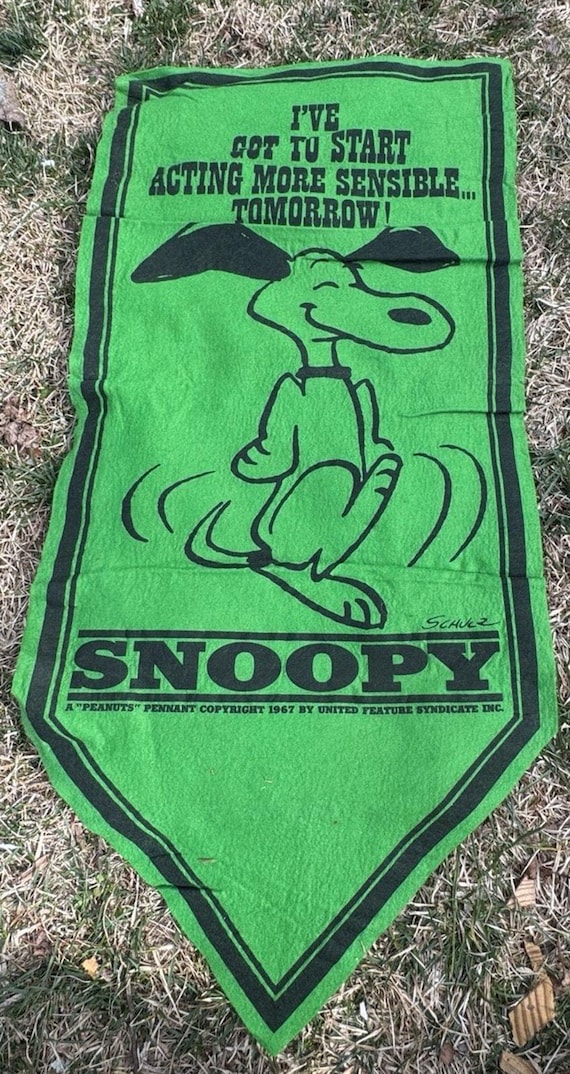 Vintage 1967 Snoopy Peanuts Felt Banner Pennant Flag Green 15 X34