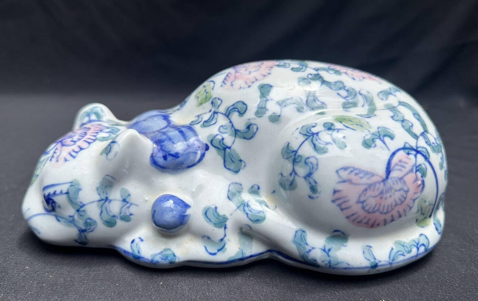 Vintage 8” Ceramic Sleeping Cat Ornament Blue & White Floral