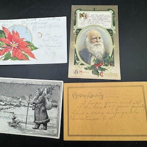 4 postales navideñas victorianas de 1900 ¡Color increíble! Santa Poinsetia