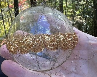 Vintage Wire WRAPPED Clear Glass Christmas Tree Ball Ornament HOLIDAY DECOR S72
