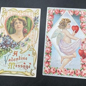 2 postales victorianas de San Valentín de 1900, c1910 Cupid Girl