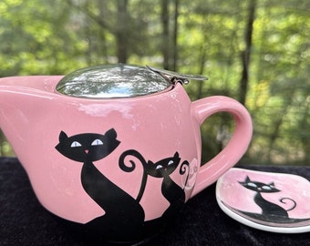 HuesNBrews Black Cat Hot Pink Keramik-Teekanne und passende Teebeutelschale -S42