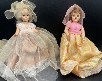 Rare 1948 2 Duchess Dolls 7 1/2" Sleepy Eye Arms Move Doll Long Dress Celluloid