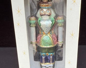 Fitz and Floyd Hand Painted Glass Nutcracker Poinsettia Motif Ornament New!