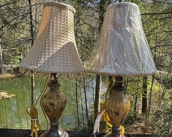 2 Brand New Gold Mosaic Brown Lamps With Beaded Shades 21” Tall