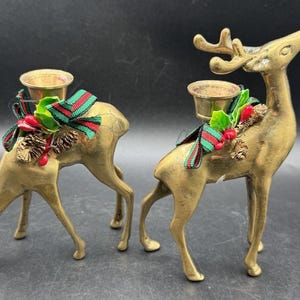Set of 2 Vintage Brass Deer Taper Candle Holders Christmas Around the World -C26