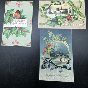 3 cartes postales de Noël victorien des années 1900, Allemagne, houx, oiseaux