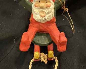 Primitive Folk Art Hand Carved Wooden Santa Sledding Ornament -S85