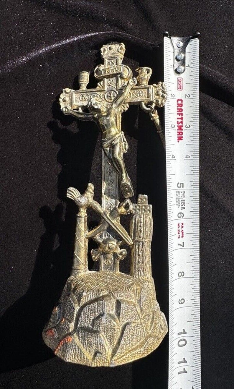 Antique Brass Arma Christi Memento Mori Crucifix Beautiful Easter Blessing A10 image 2