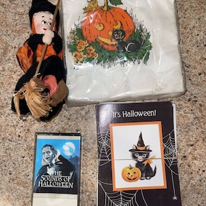 Lot de décorations d'Halloween vintage sorcière, cassettes et cartes 4B