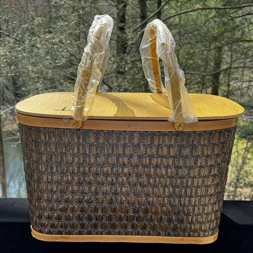vintage Hawkeye Burlington panier pique-nique poignée en métal tissé avec insert menthe ! 21 pouces