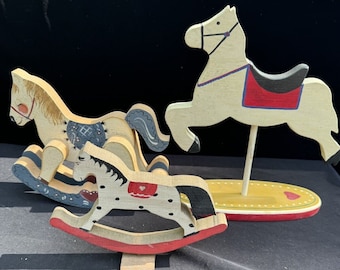 3 Vintage Wood Folk Art Rocking Horse Figures Home Decor Carousel -BA