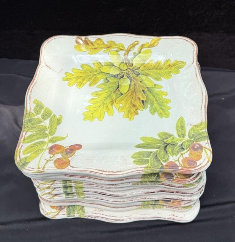 10 Sur La Table Acorn & Fig 9.5" Salad Plates made in Italy Fall Theme Mint! image 4