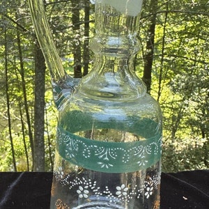 Bohemian Style Clear Glass Hand Painted Green & Gold Wine Decanter S30