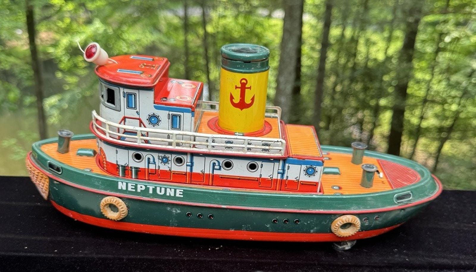 Trade Mark Tin Toy Vtg 1950's Battery Neptune Boat Ship Japan