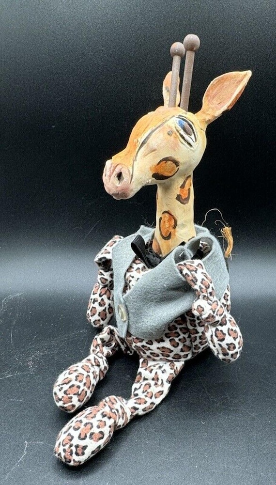 Vtg Hand Made Artisan Weirdo Giraffe Dressed with Paper Mache Head Stuffed -S1T