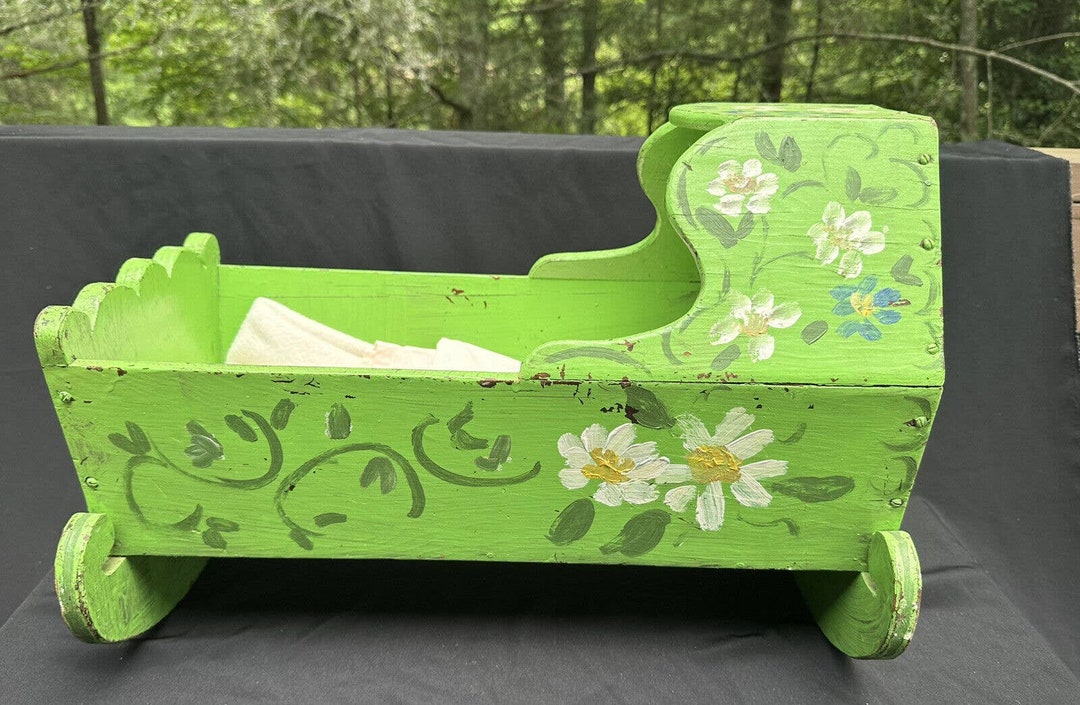 Vintage Handcrafted Wooden Cradle Baby Doll Bed Crib Rocker Rustic 25