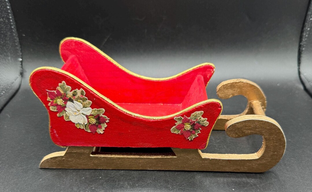 Vintage Victorian Style Wood Santa's Red and Gold Trim Sleigh