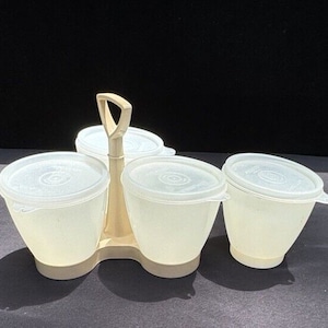 CADDIE À CONDIMENTS TUPPERWARE vintage avec poignées, gobelets et couvercles couleur amande Ex Cup !