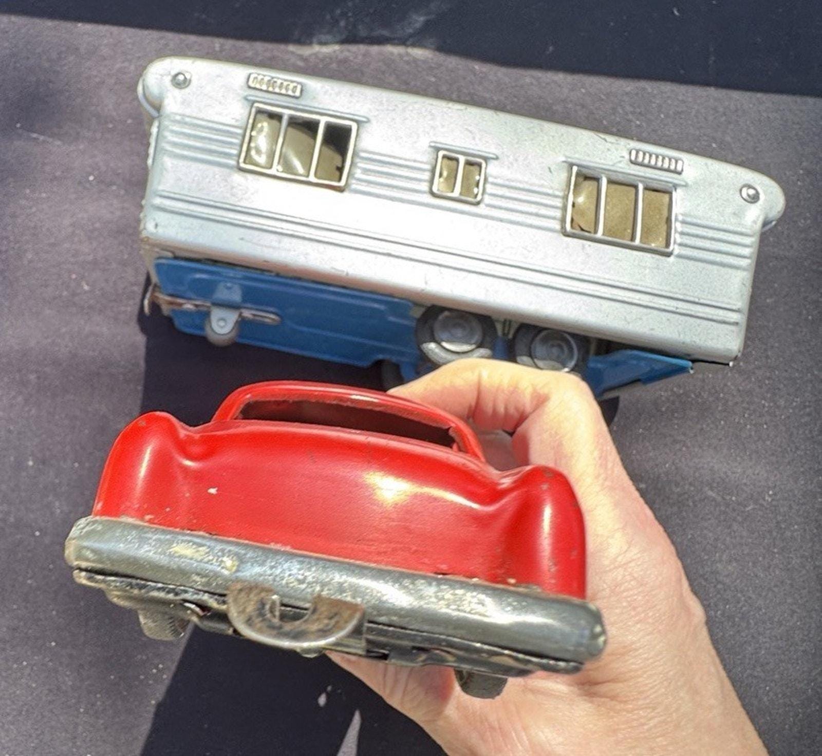 Rare Vintage Japan SSS Tin Friction Red Sedan W/ Camper Travel