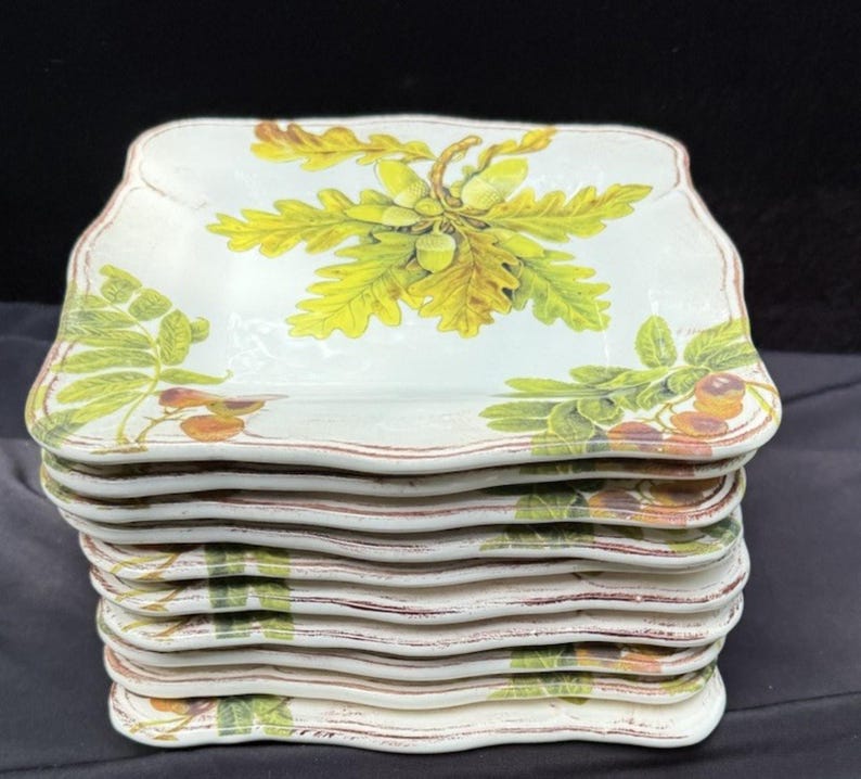 10 Sur La Table Acorn & Fig 9.5" Salad Plates made in Italy Fall Theme Mint! image 2