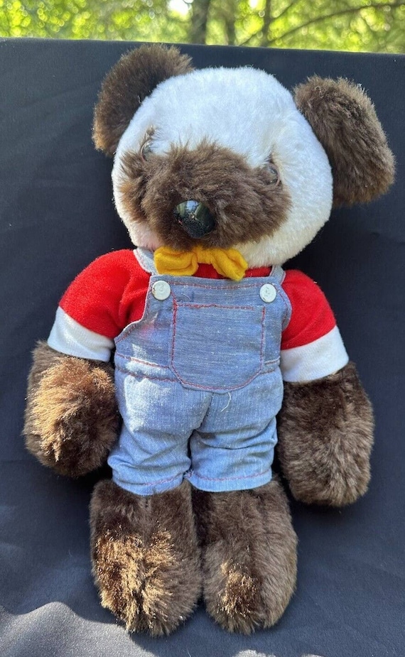 13” Vintage 1980's LIDO Brown Teddy Bear in Denim Overalls Stuffed