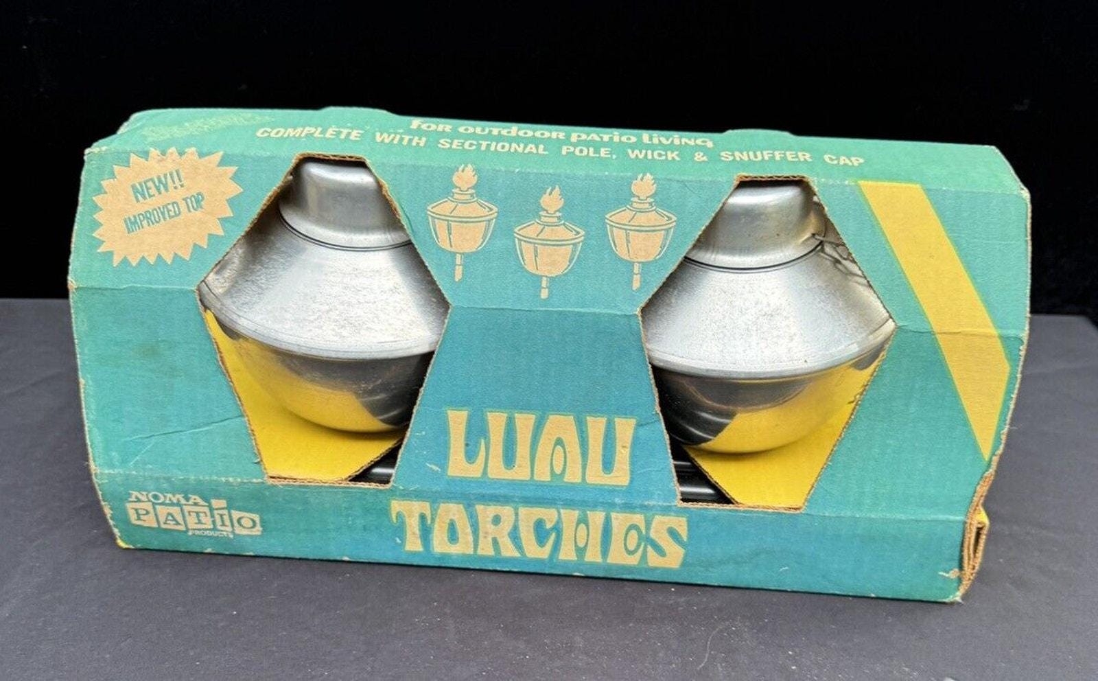 ¡Raro juego de antorchas Tiki Luau NOMA Tropic de la década de 1960, para exteriores, estilo retro, de aluminio, MIB!