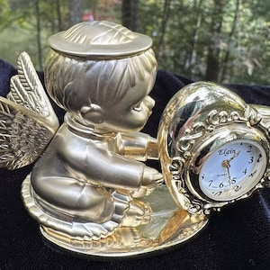 Vintage Elgin Angel Baby Boy Heart Clock-Gold Plated-Very Cute -S58