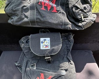 Rare VTG des années 1990 Disney Store MICKEY MOUSE sac à dos et sac de sport assortis en nylon noir