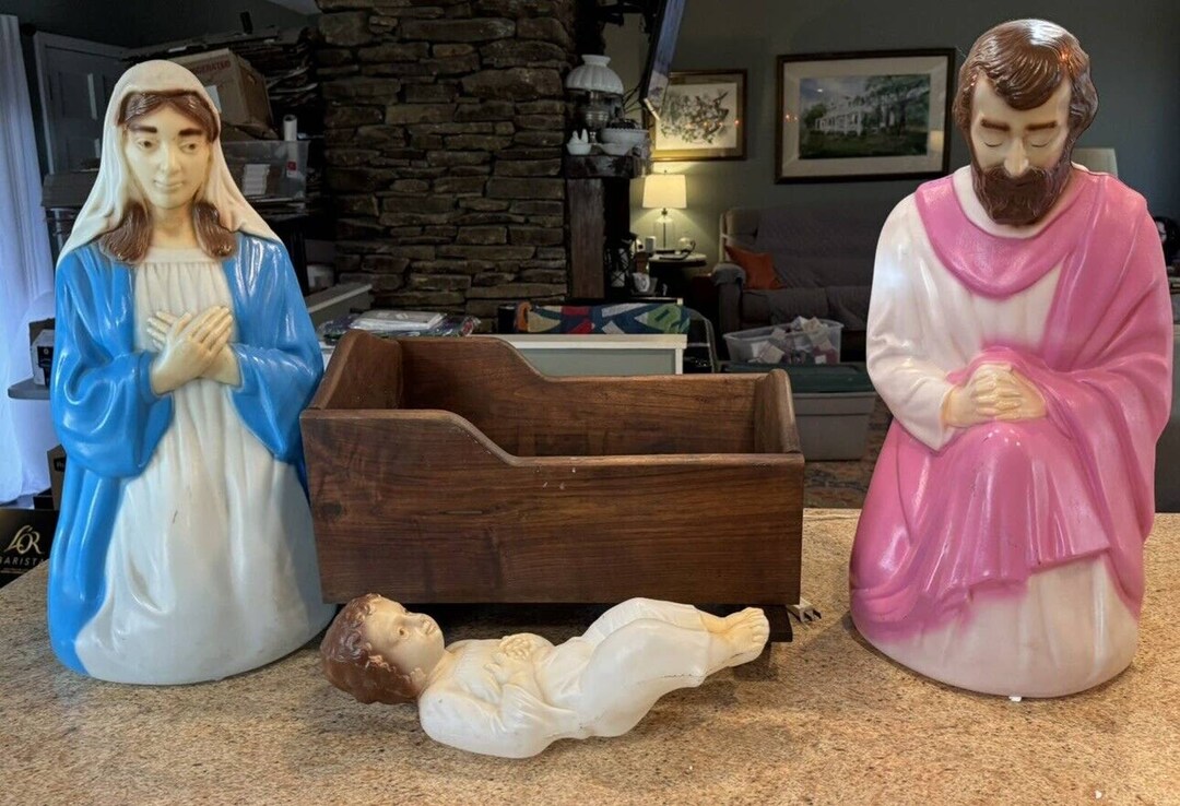 Empire Nativity Blow Mold Mary Joseph Baby Jesus Cradle Etsy