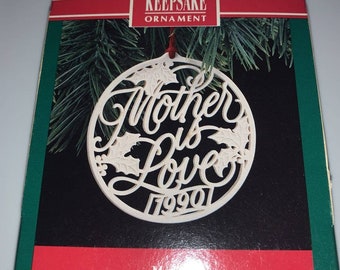 New! Hallmark Ceramic Ornament Mother is Love 1990 Mom Filigree Lettering NIB. U