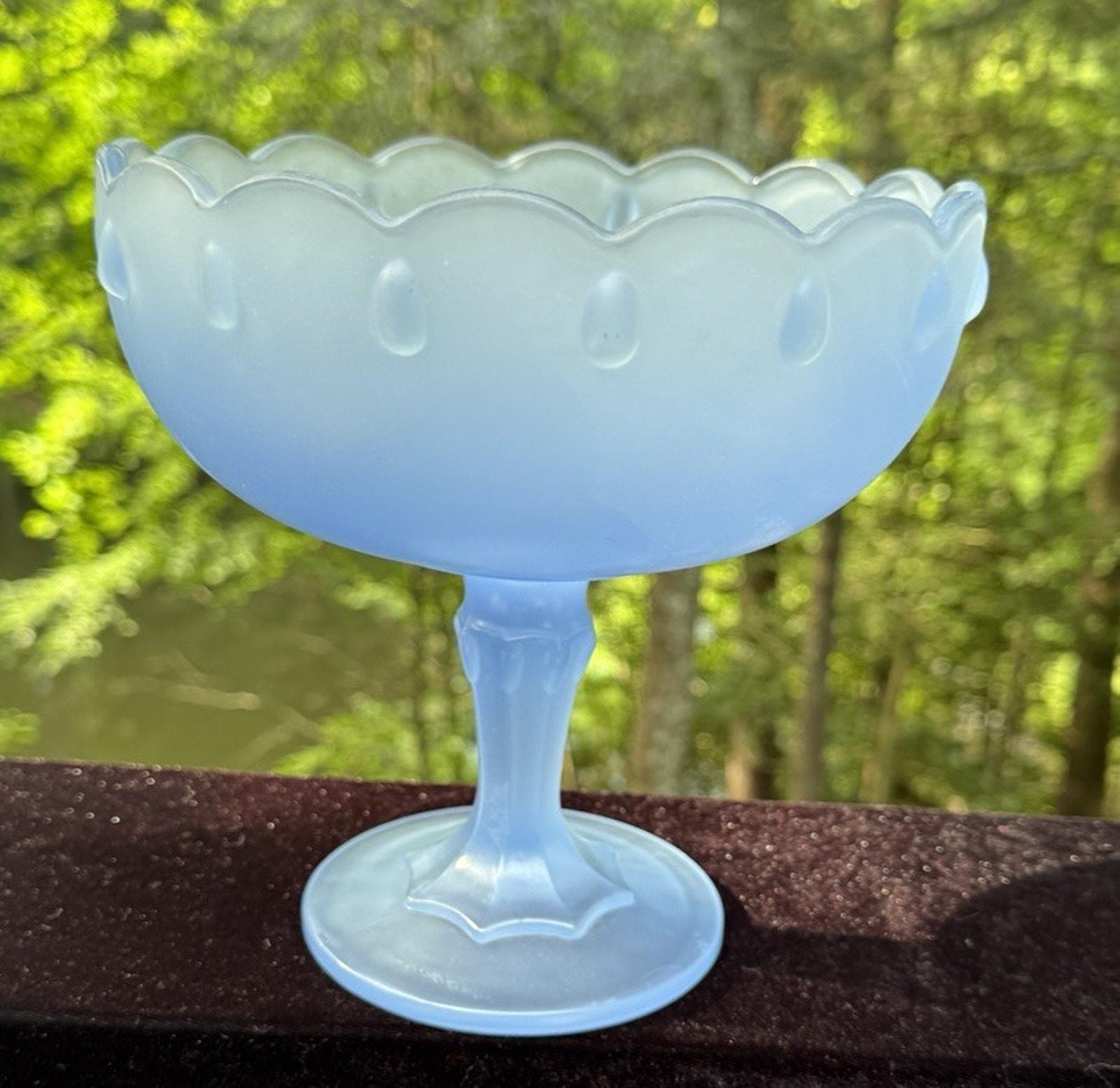 Beautiful Indiana Glass Pedestal Compote Bowl Satin Light Blue Teardrop ...