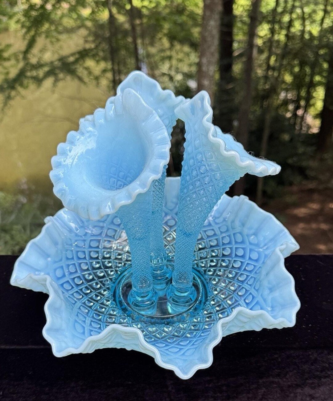 Gorgeous Fenton Epergne Sea Blue 3 Lily Horn Hobnail Pattern Amazing ...